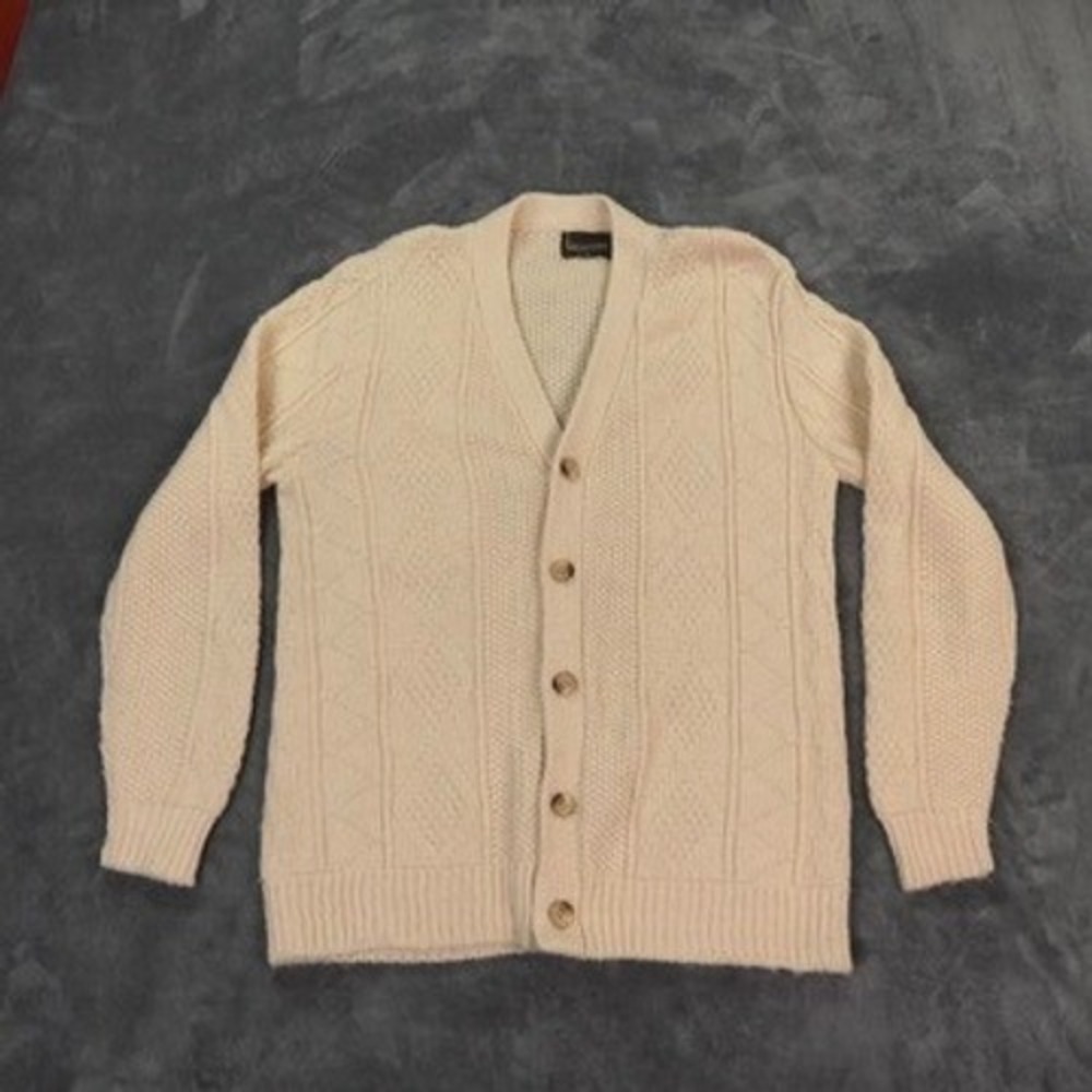 Lahmar Cable Knit Cardigan Sweater Mens XL‎ Beige Diamond Pattern USA Fisherman